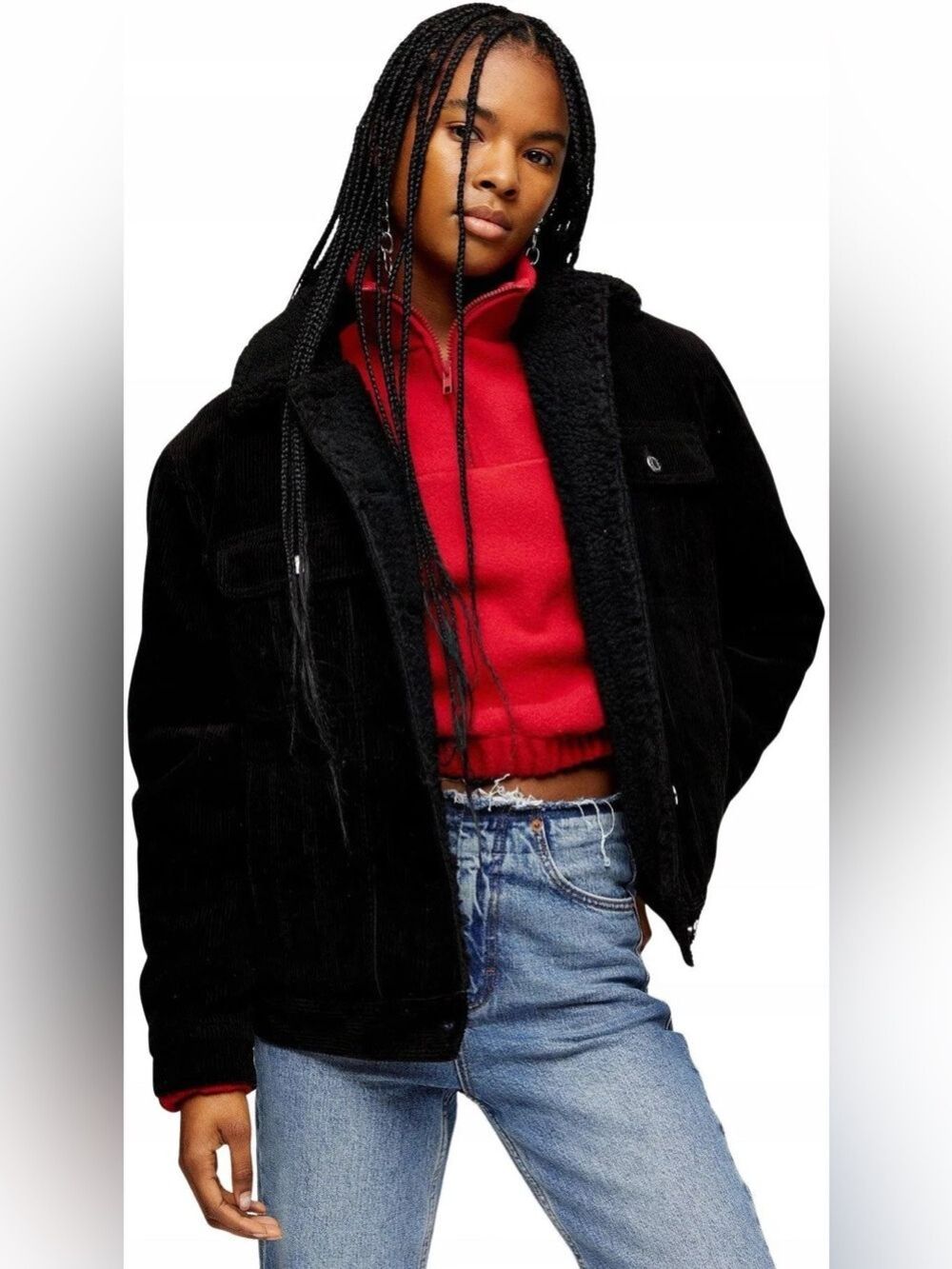 Topshop Black Sherpa-Lined Corduroy Jacket Size 2